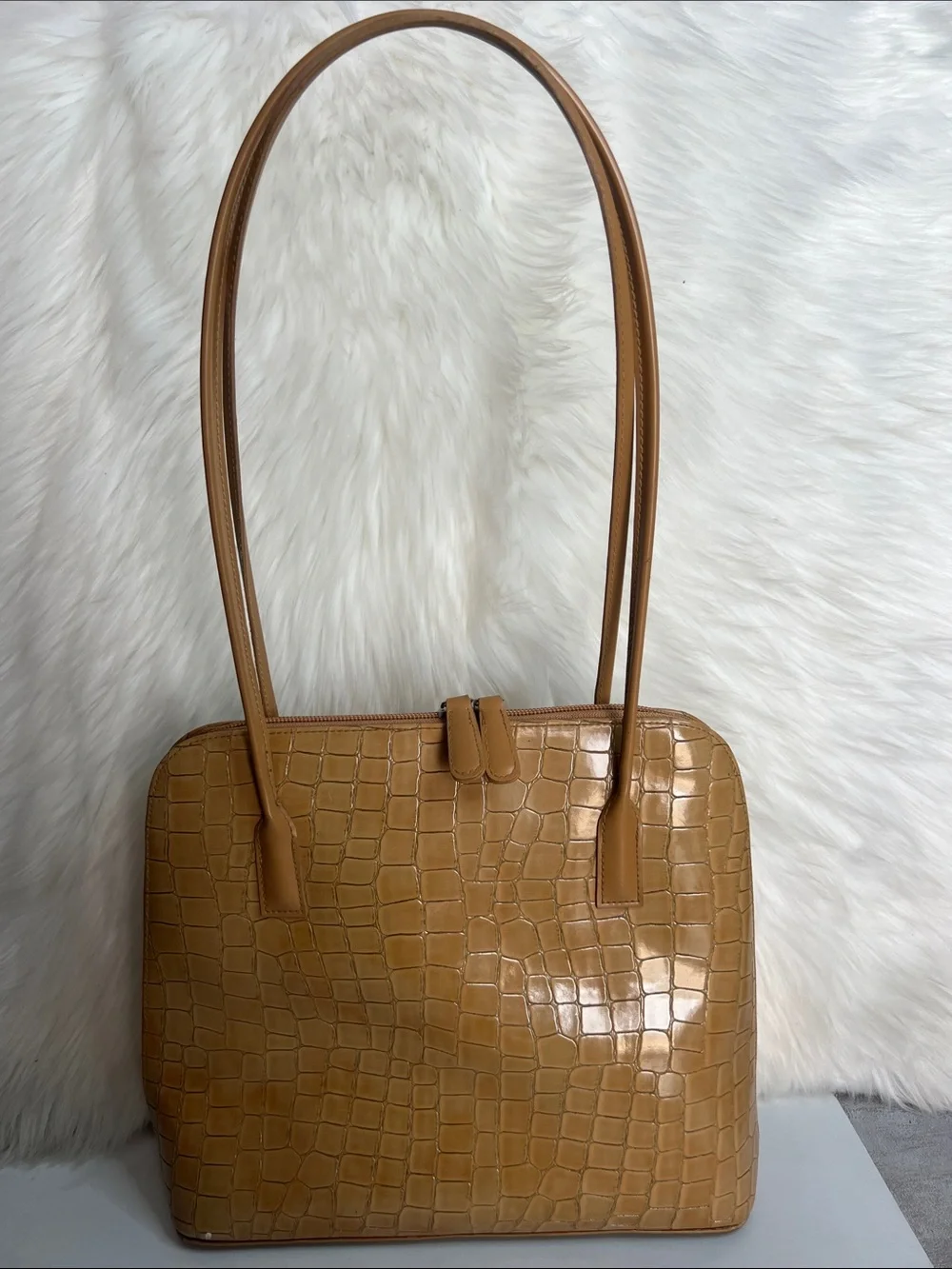 Croc-Embossed Tan Shoulder Bag